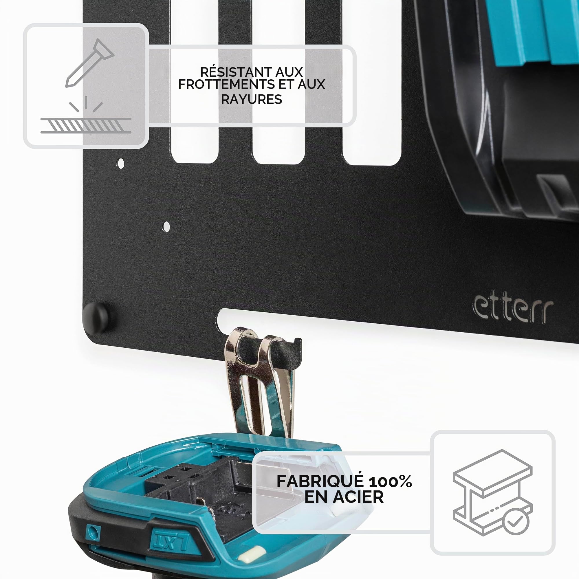 • Support métallique mural pour batteries et chargeurs Makita 18 V LXT • Compatible avec DC18RC et DC18RD • Station de charge • Panneau d'outils et crochet de perceuse