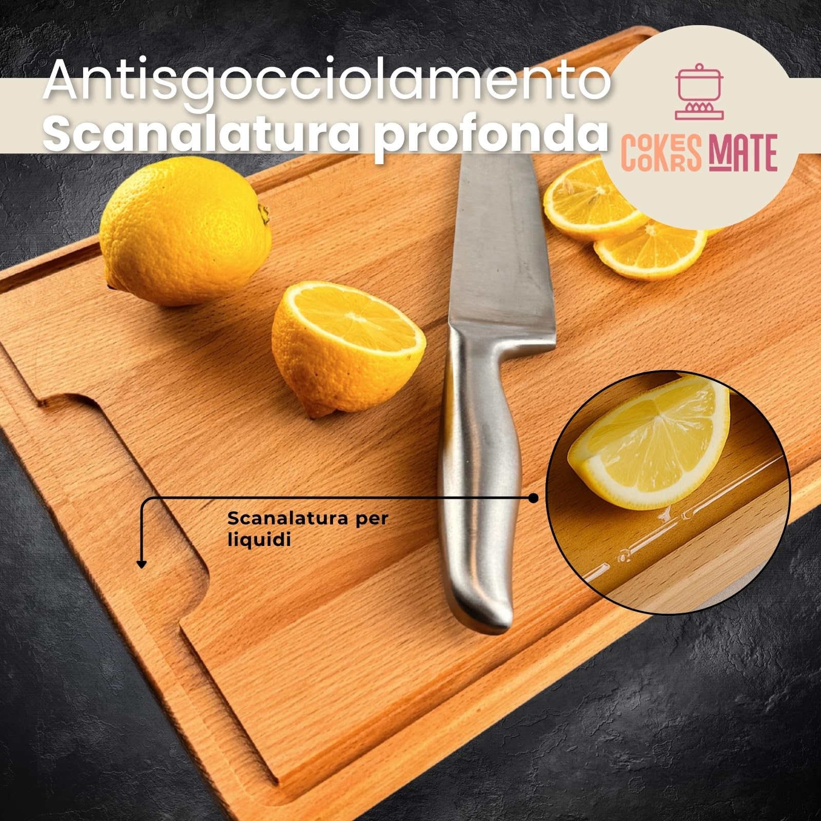 COOKERS MATE tagliere legno grande, tagliere cucina, cutting board, chopping board, reversibile con scanalatura, dimensioni XL 40x28cm, igienico e resistente. taglieri legno professionali