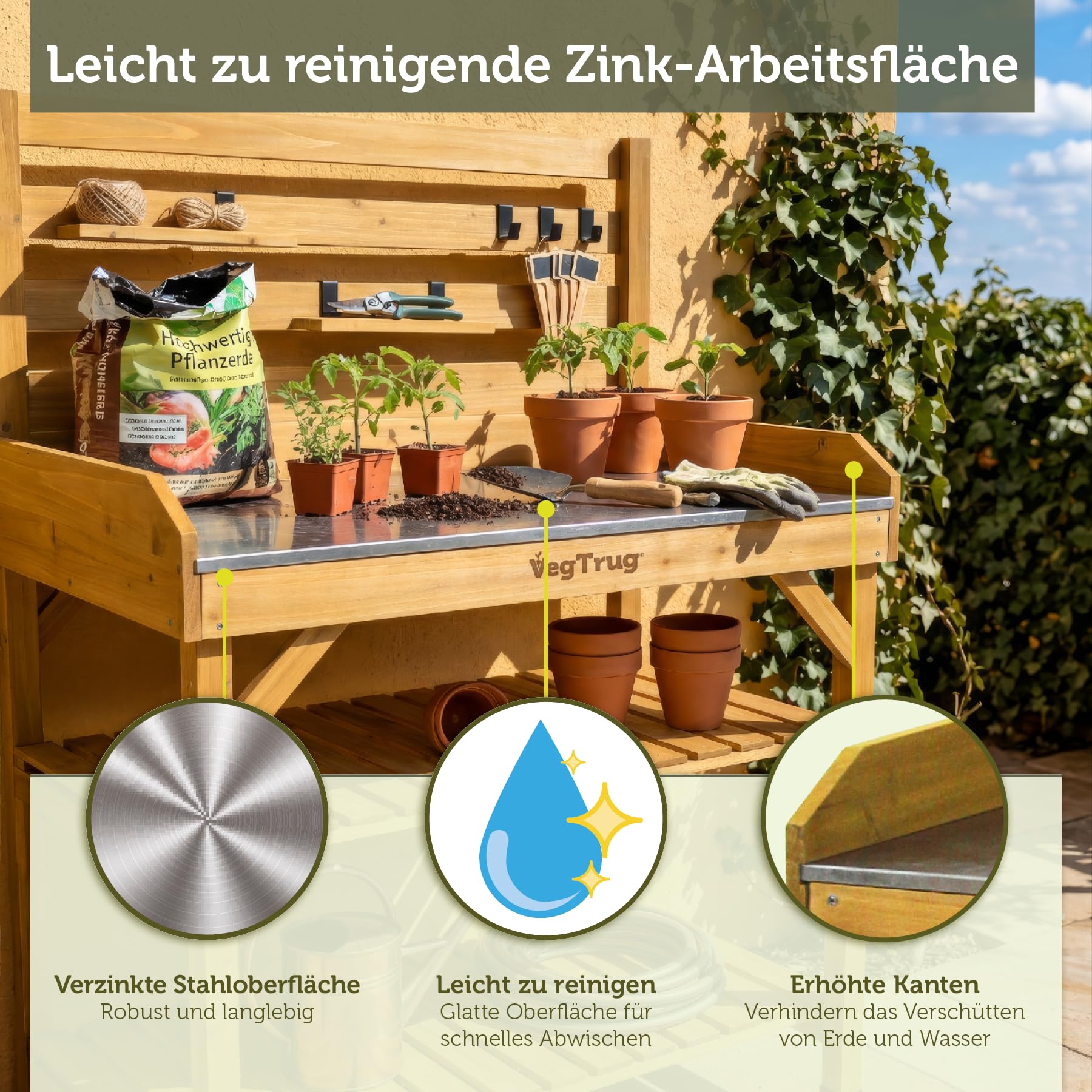 VegTrug® Mesa de Cultivo 100% Madera certificada FSC, 81 x 56 x 125 cm, Color Natural