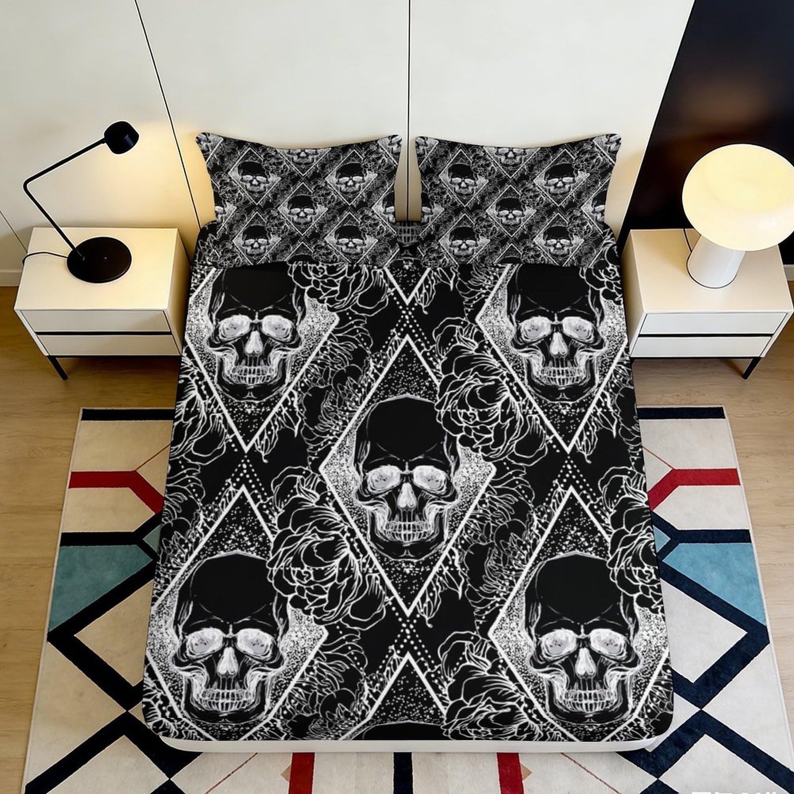 3D Printed Skull Gothic Fitted Sheet Microfiber Black Mattress Cover Bedroom Decor Dustproof Machine Washable 90x200x25cm