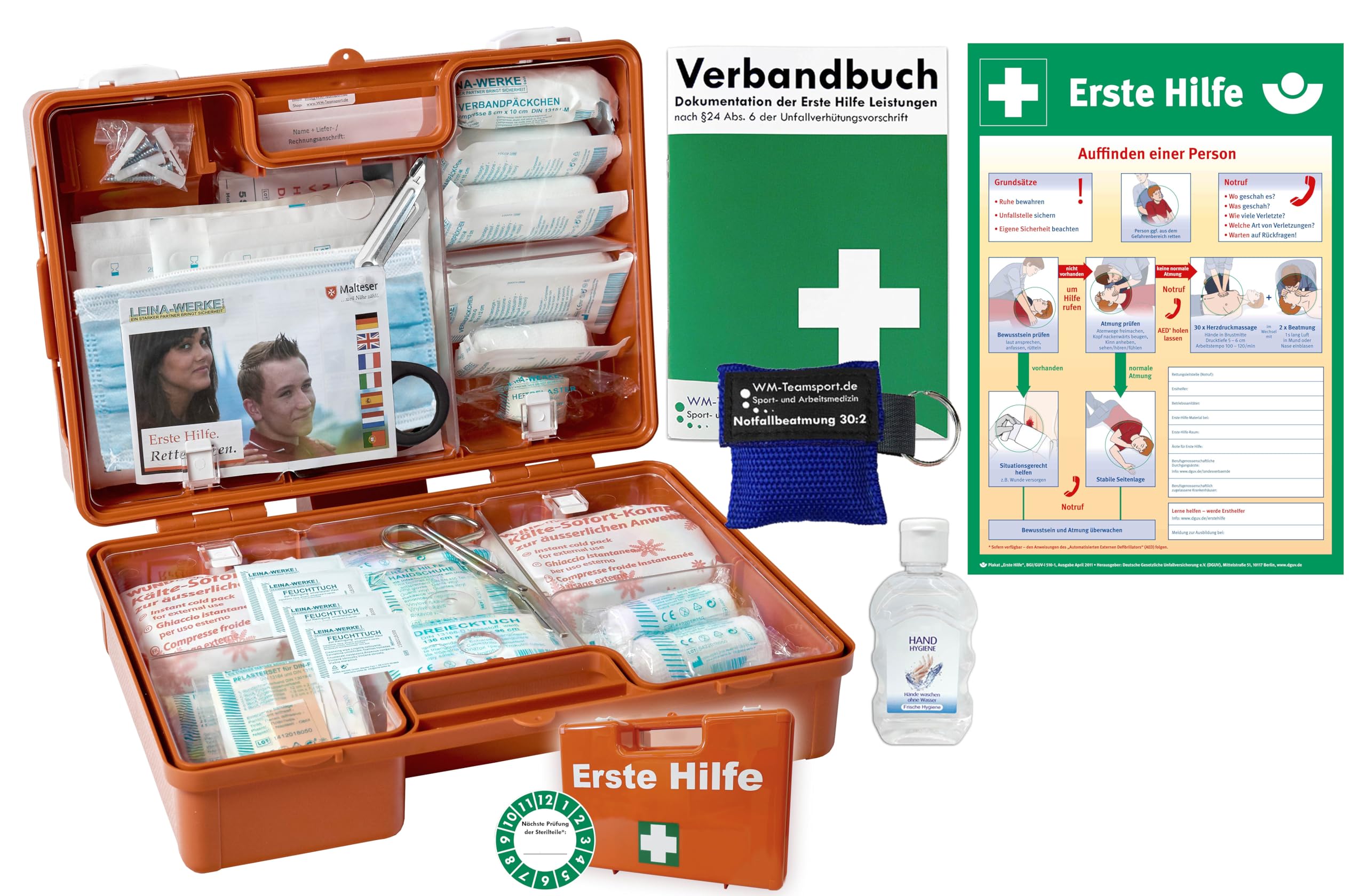 Erste-Hilfe-Koffer M3 PLUS für Betriebe nach aktueller DIN/EN 13157 von WM-Teamsport - inkl. Notfall-Beatmungshilfe, Verbandbuch & Hygiene-Gel & Plakat "Erste Hilfe"