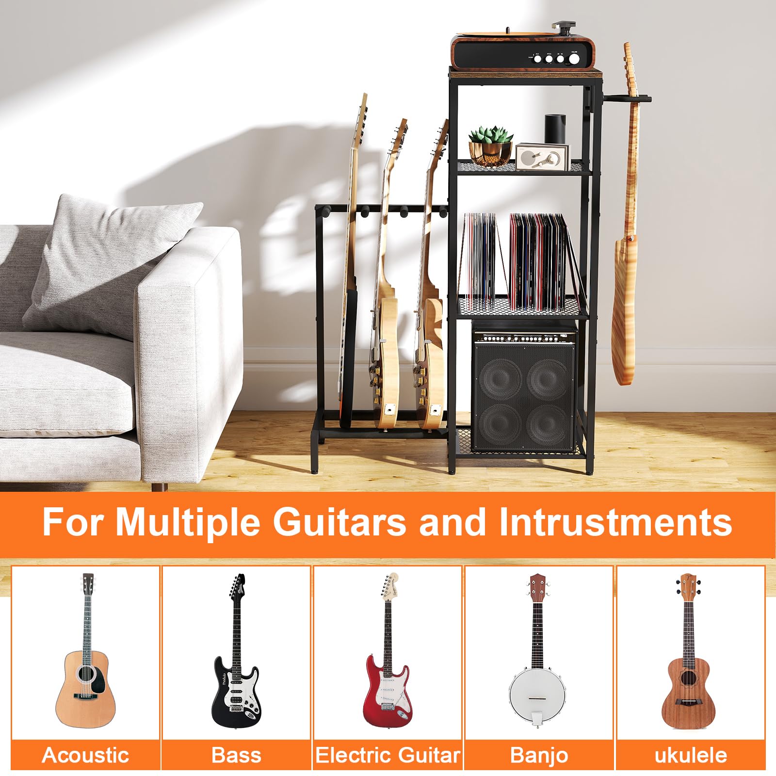Multi Gitarrenständer Rack, Gitarrenständer mit 4 Halterungspositionen für Akustik-, E-Gitarre, Bass, Gitarrenständer für mehrere Gitarren mit 4 Ebenen Aufbewahrungsregalen für