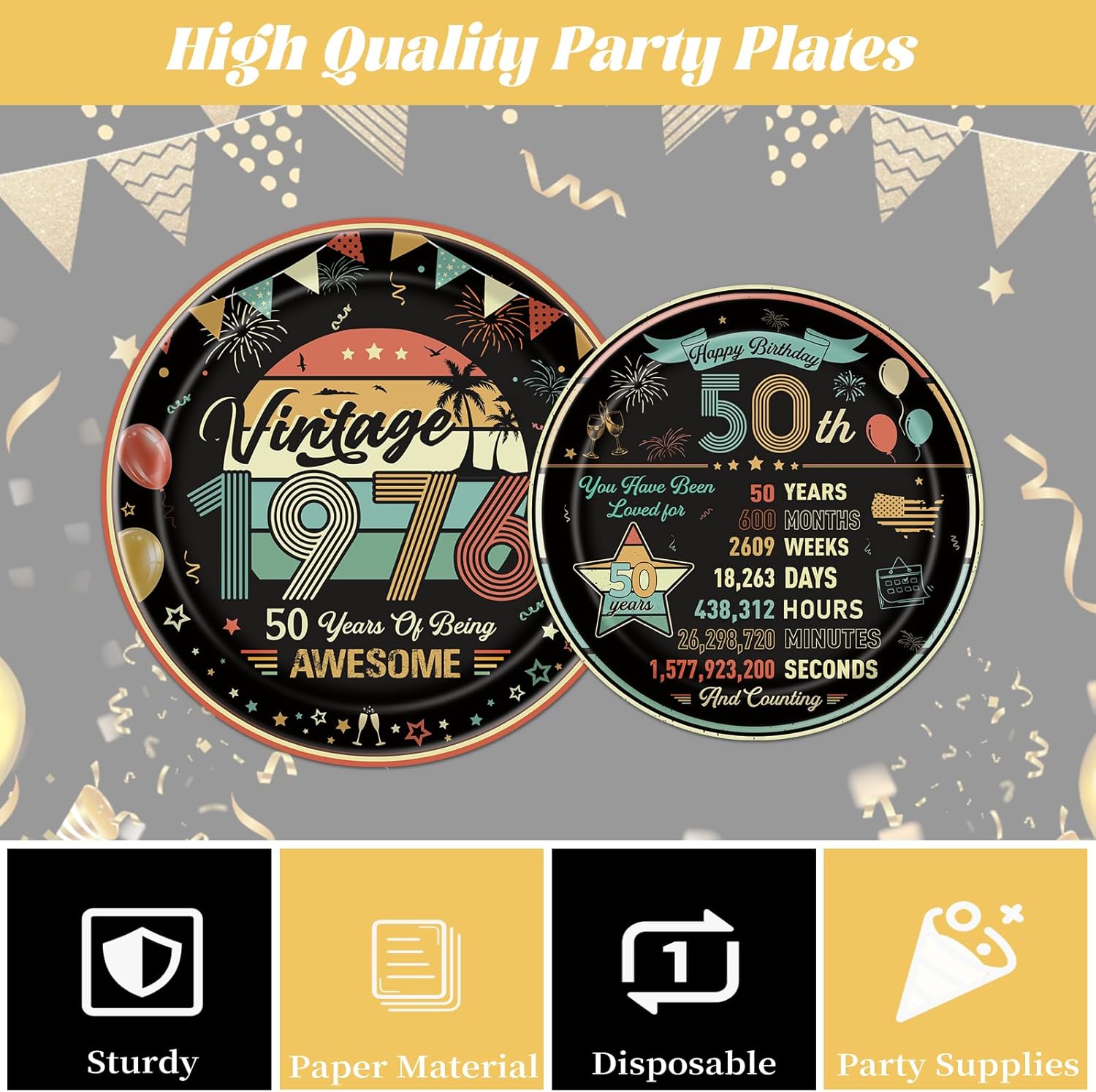 Vintage 50th Birthday Plates and Napkins, 96PCS Back in 1976 Birthday Party Decorations Supplies for Women Men, Colorful Cheers to 50 Years Disposable Tableware Set Serve 24