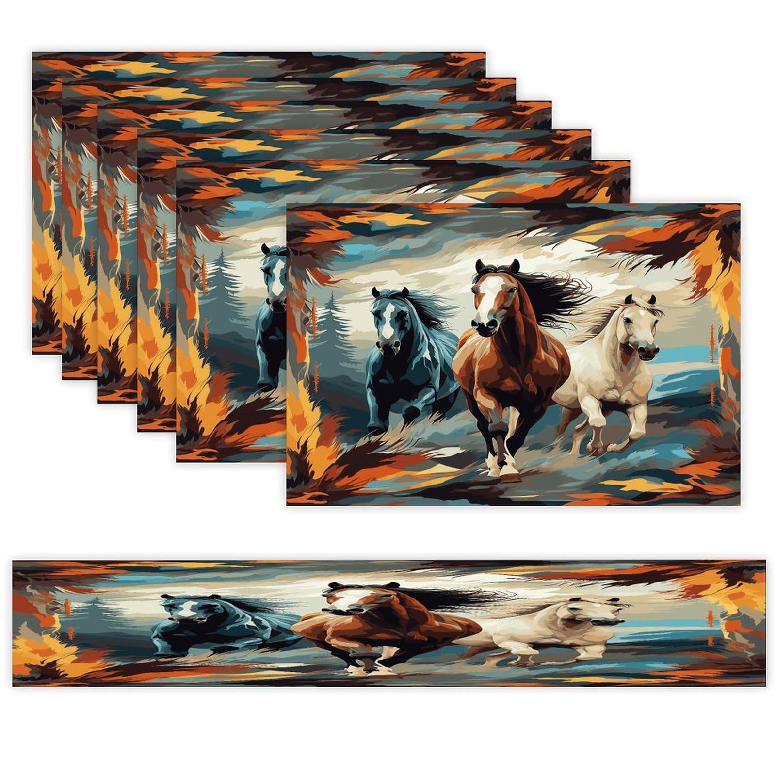 A Pattern with Horses As A Background Table Runner and Placemats Set of 6 Wipe Clean Heat Resistant Table Mat with Table Runner Decorations Flax Linen Place Mat Set for Home Kitchen Party Supplies