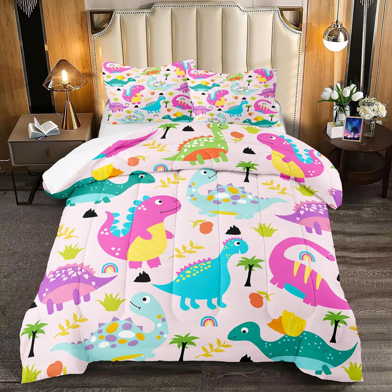 Girls Bedding Dinosaur Comforter Set Queen, Cute Dinosaur Bedding Set for Girls Adults Soft Breathable Dino Quilt Kids Queen Comforter Set, 1 Comforter 2 Pillowcase