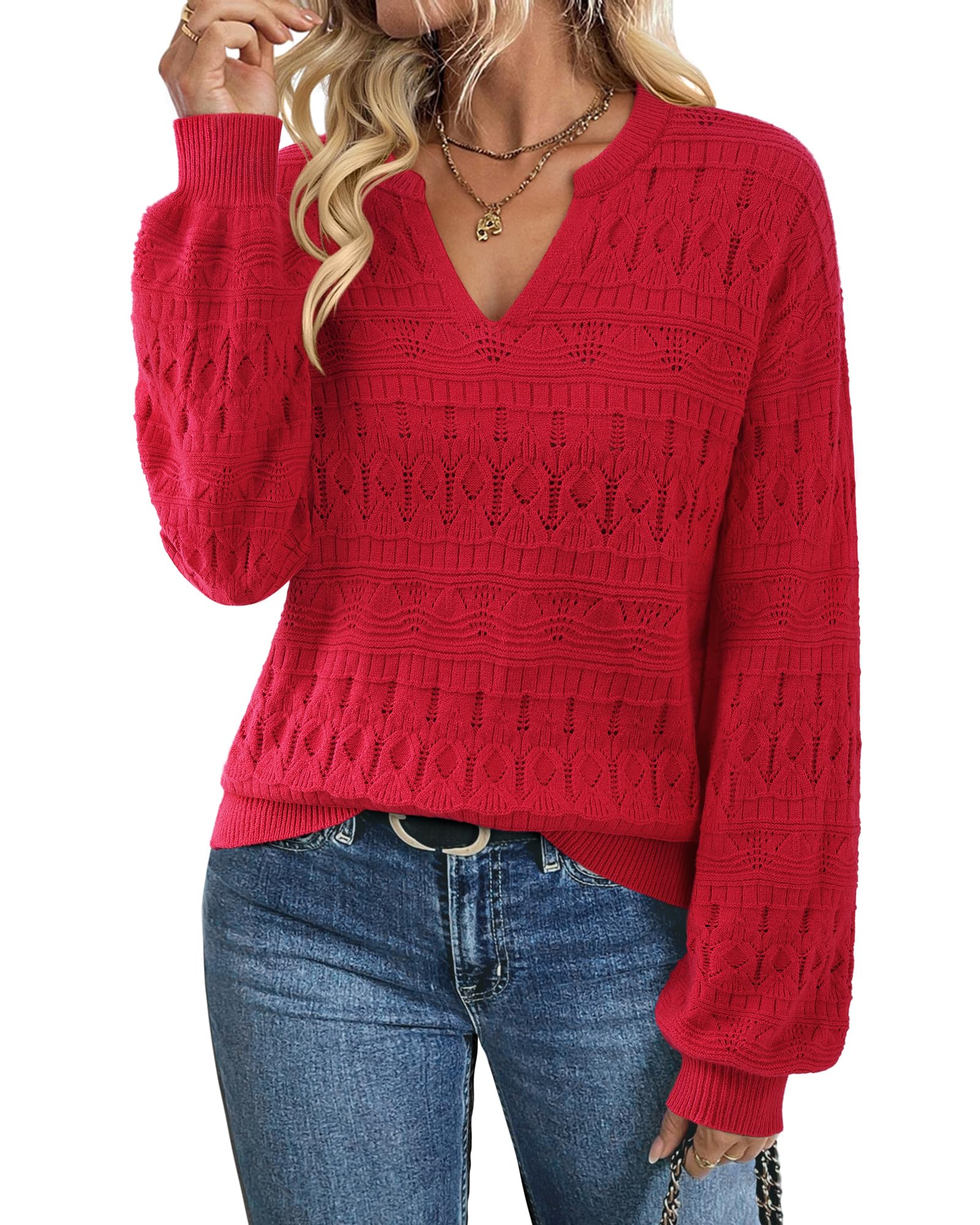 Furnex Womens Sweater 2025 V Neck Pullover Lightweight Stretchy Knit Top Lantern Sleeve Cute Fall Outfit Clothes
