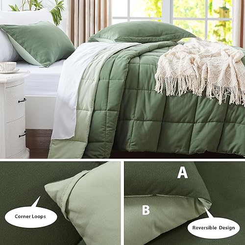 Miniatura 5 de SunStyle Home Juego de edredón tamaño Queen, edredón alternativo ligero de 3 piezas, suave y reversible, para todas las estaciones (verdeverde