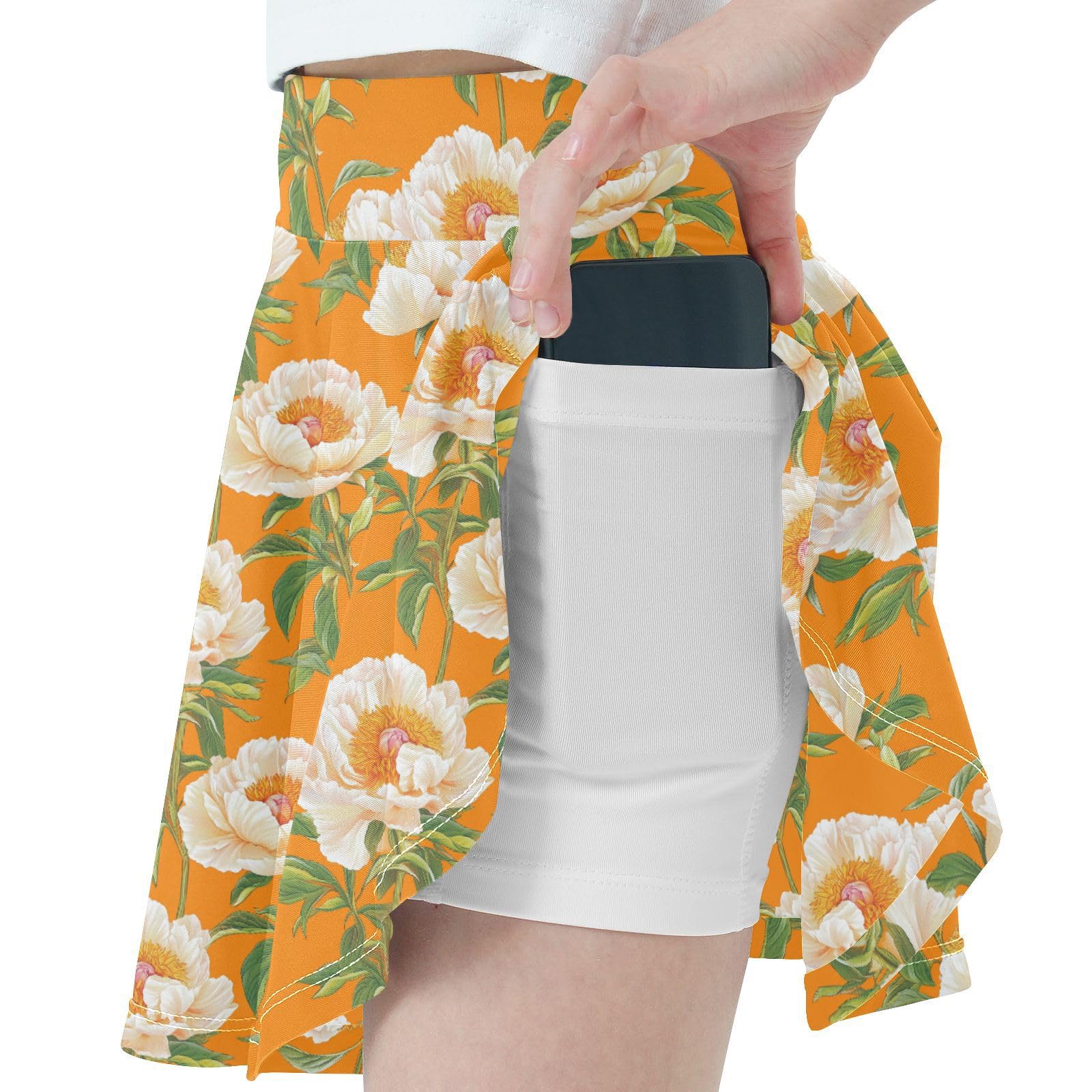 JUNZAN Elegant Peonies Girls Tennis Skirts with Shorts Flowy Pleated Skirt Kids with Pockets Skorts for Little Girl Orange