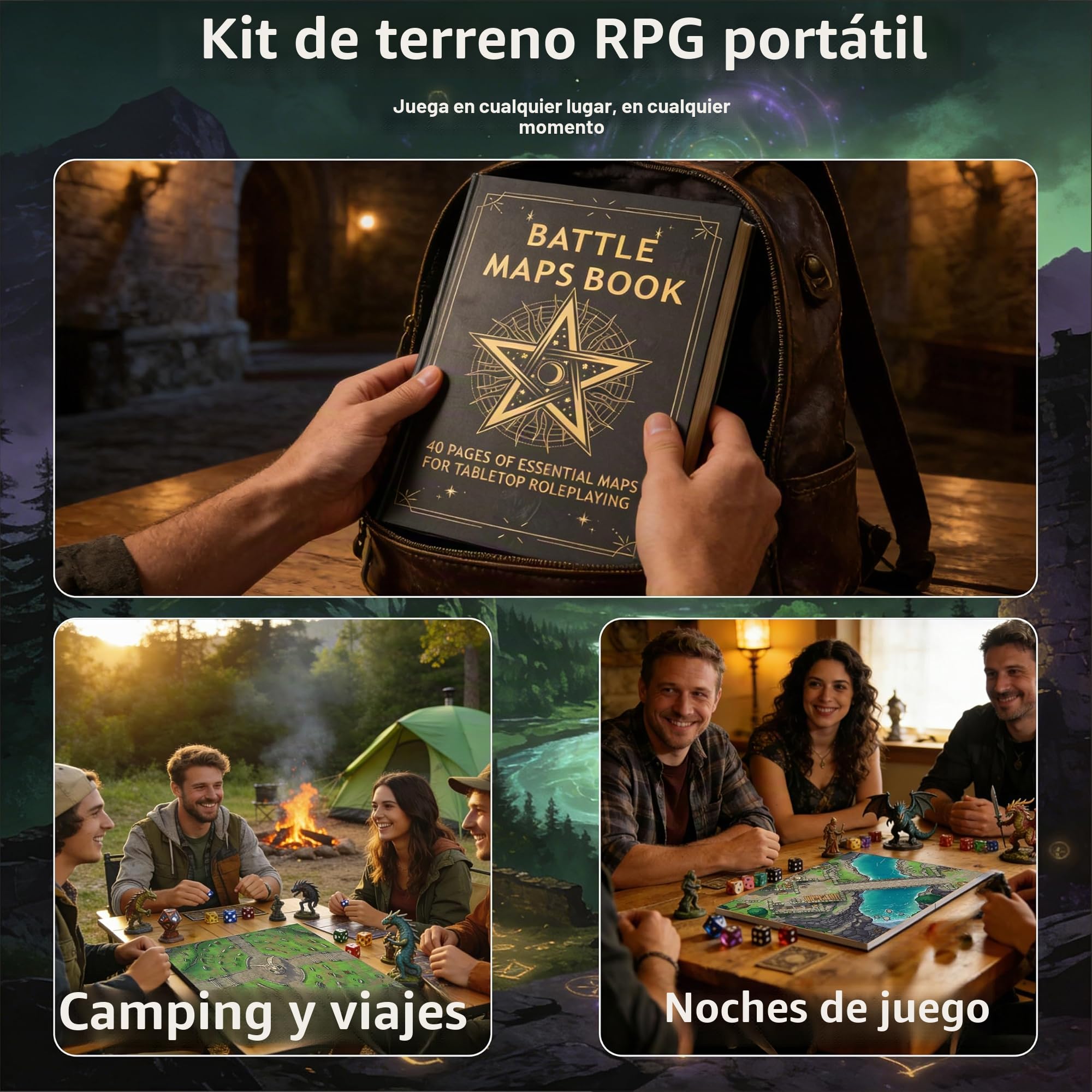 DND - Libro de mapas de batalla – 39 alfombrillas reutilizables de borrado en seco/húmedo con más de 200 calcomanías de paisaje, cuadrícula de 1 pulgada y encuadernación plana – Kit portátil de