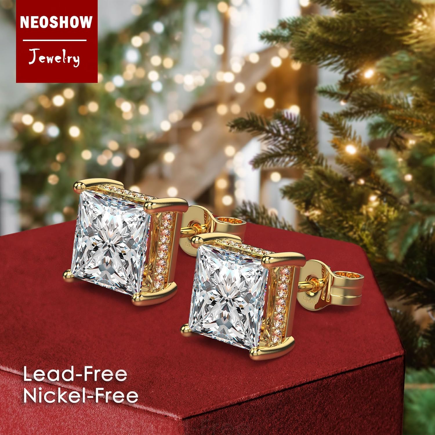 18K White Gold Plated Sterling Silver Princess Cut Cubic Zirconia Stud Earrings Square Simulated Diamond CZ Stud Earrings for Women Men Hypoallergenic - Image 2