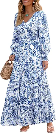 Women’s Gingham Striped Boho Flowy A-Line Maxi Dress with Long Sleeves