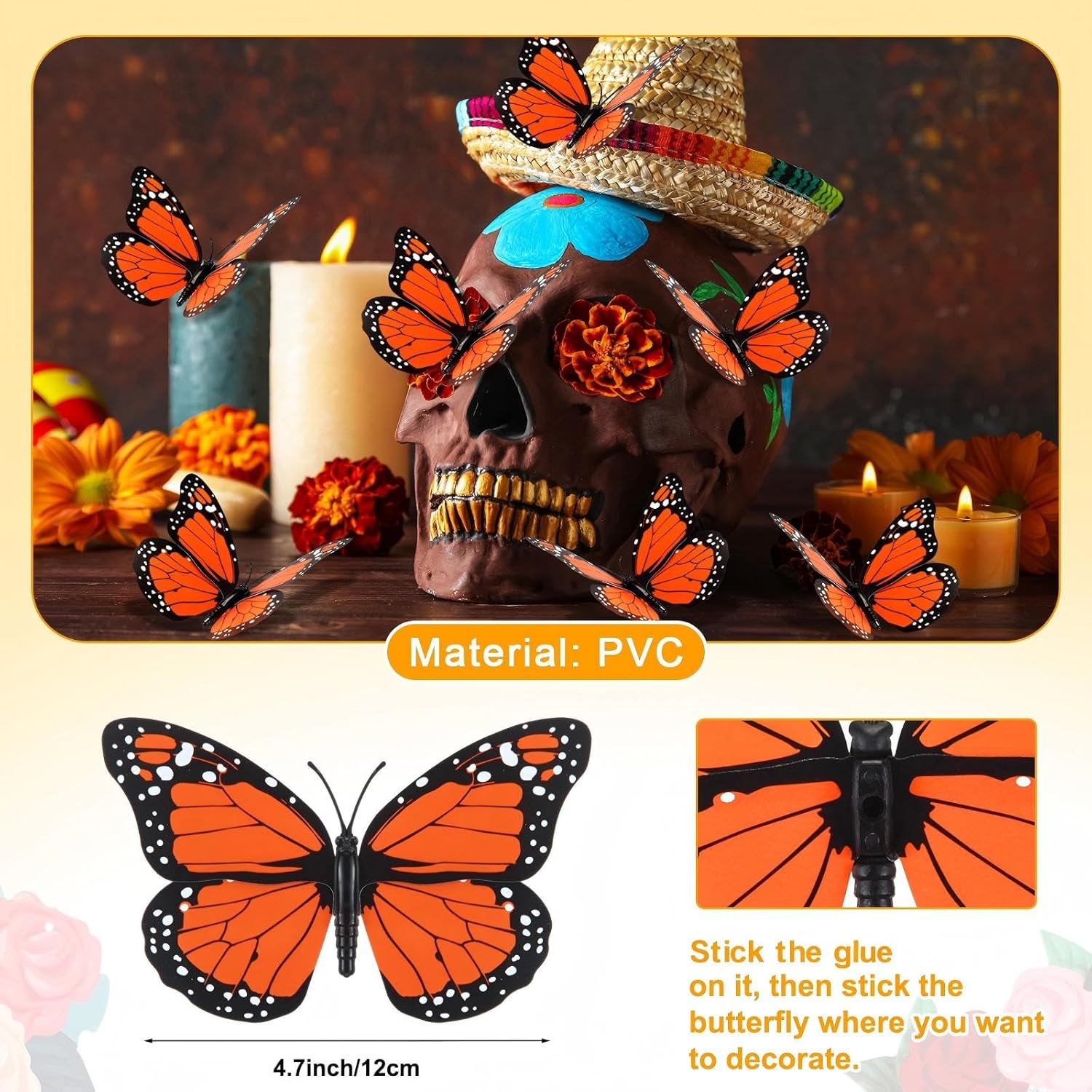 Hotop 39 Pcs Day of The Dead Decor Set Ofrenda Altar kit Marigold Garland String Lights Dia De Los Muertos Table Runner Mexican Party Banners Skull Hanging Swirl Monarch Butterfly(Orange and Yellow)
