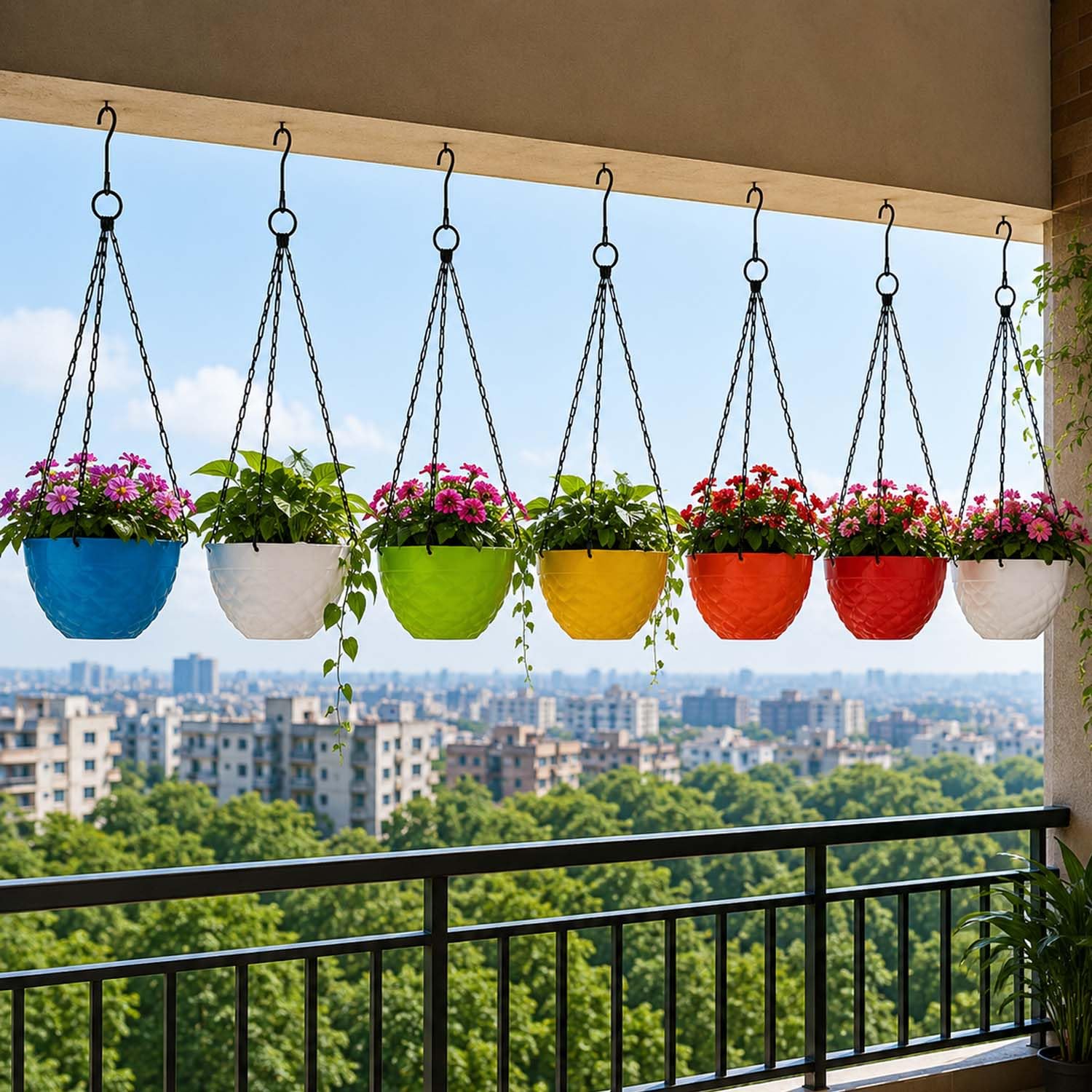Go Hooked Plastic Hanging Pot, Multicolour, LxDxH - 19x12x13 cm, 7 Pieces