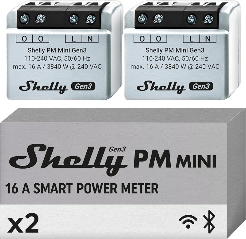 Shelly PM Mini Gen3 | WiFi Smart Power Meter 1 Channel 16 A | Home Automation | Bluetooth Gateway | Compatible with Alexa & Google Home | iOS Android App | No Hub Required | Smart Schedules (2 Pack)