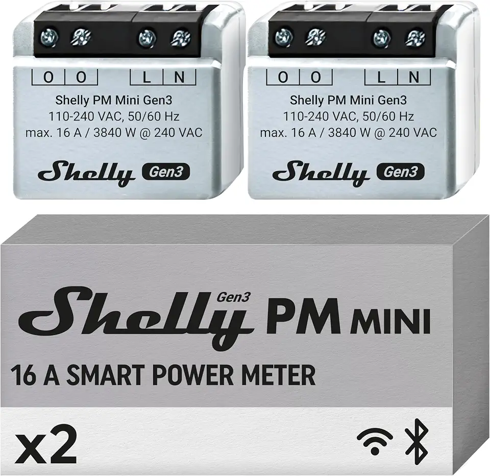 Shelly PM Mini Gen3, Intelligent Wi-Fi and Bluetooth Power Meter, 1 Channel 16 A, Power Measurement Device, Compatible with Alexa and Google Home, iOS-Android app, no hub Required (2-Pack)