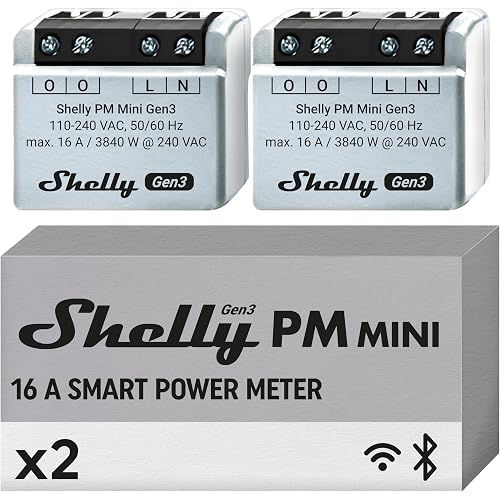Shelly PM Mini Gen3 | WiFi Smart Power Meter 1 Channel 16 A | Home Automation | Bluetooth Gateway | Compatible with Alexa & Google Home | iOS Android App | No Hub Required | Smart Schedules (2 Pack)