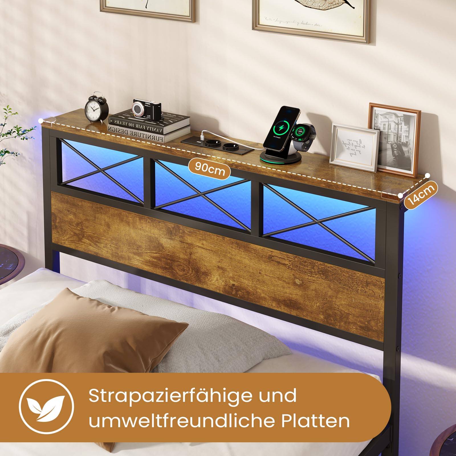 DICTAC Gästebett 90x200 cm mit USB-C & USB-Ladestation + 2 Steckdosen – Platzsparendes Metallbettgestell mit LED-Beleuchtung & Metall-Lattenrost – Einzelbett für Gästezimmer