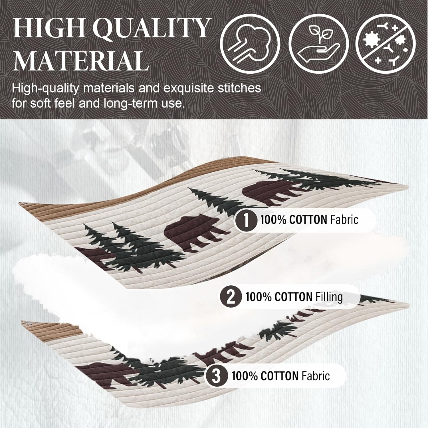 SahSahCasa Quilt Queen Size, Queen Quilt Set, 100% Cotton Queen Quilt Bedding Set Bedspreads, Forest Farmhouse Rustic Reversible Lightweight Comforter for Queen Bed, All Season, Brown/Green, 3-Piece - Image 5