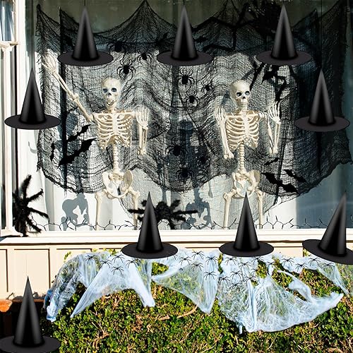Miniatura 2 de MAIAGO Kit de decoración de Halloween de 85 piezas, 12 sombreros de bruja negros, 28 murciélagos 3D, 12 arañas 3D, 30 arañas falsas, 2 piezas de