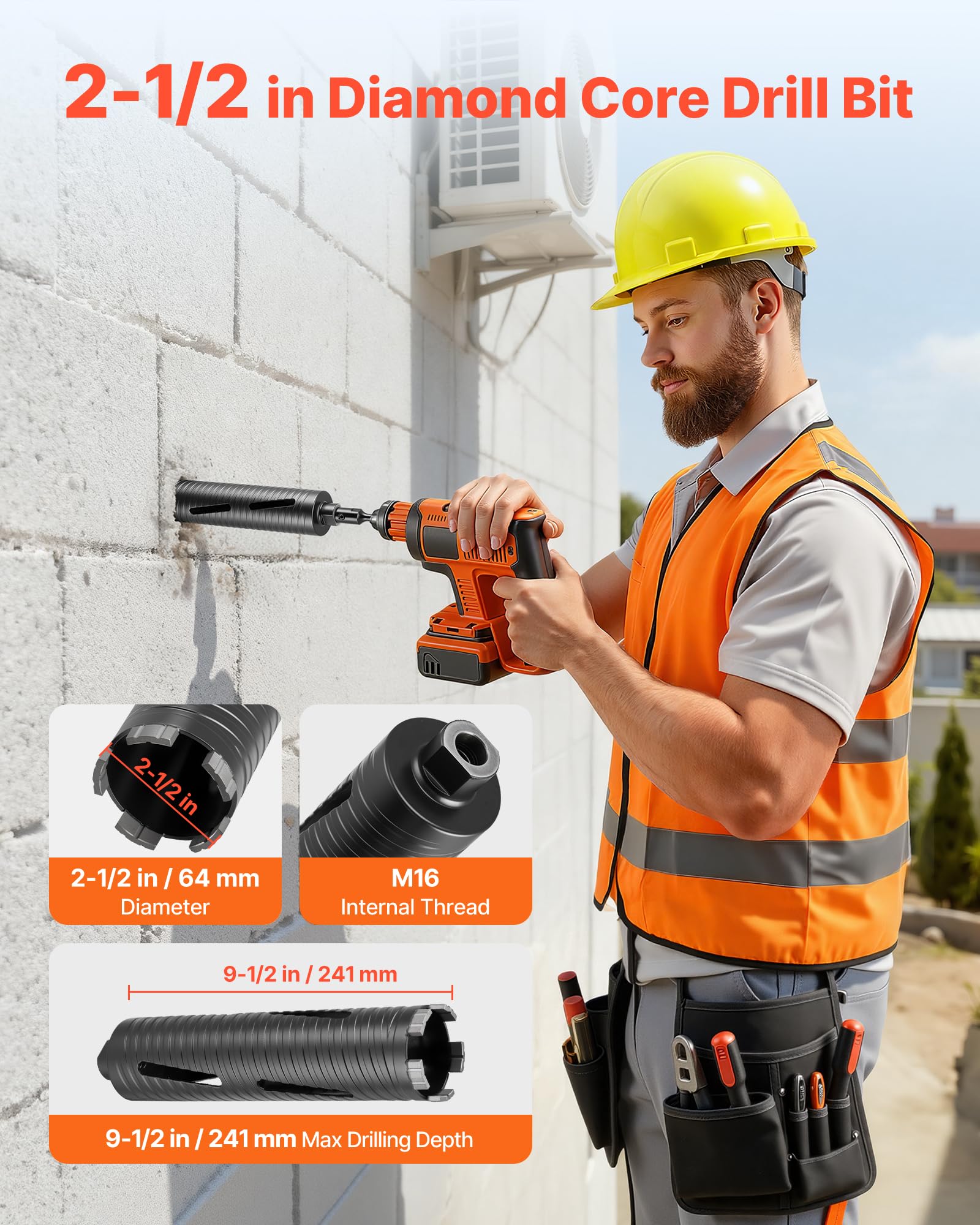 VEVOR Punte per Muratura Diametro 64 mm, Profondità di Foratura 241 mm, Filettatura Interna M16, Punta Carotatrice Diamantata a Secco con 3 Adattatori, Chiave Esagonale per Cemento Armato