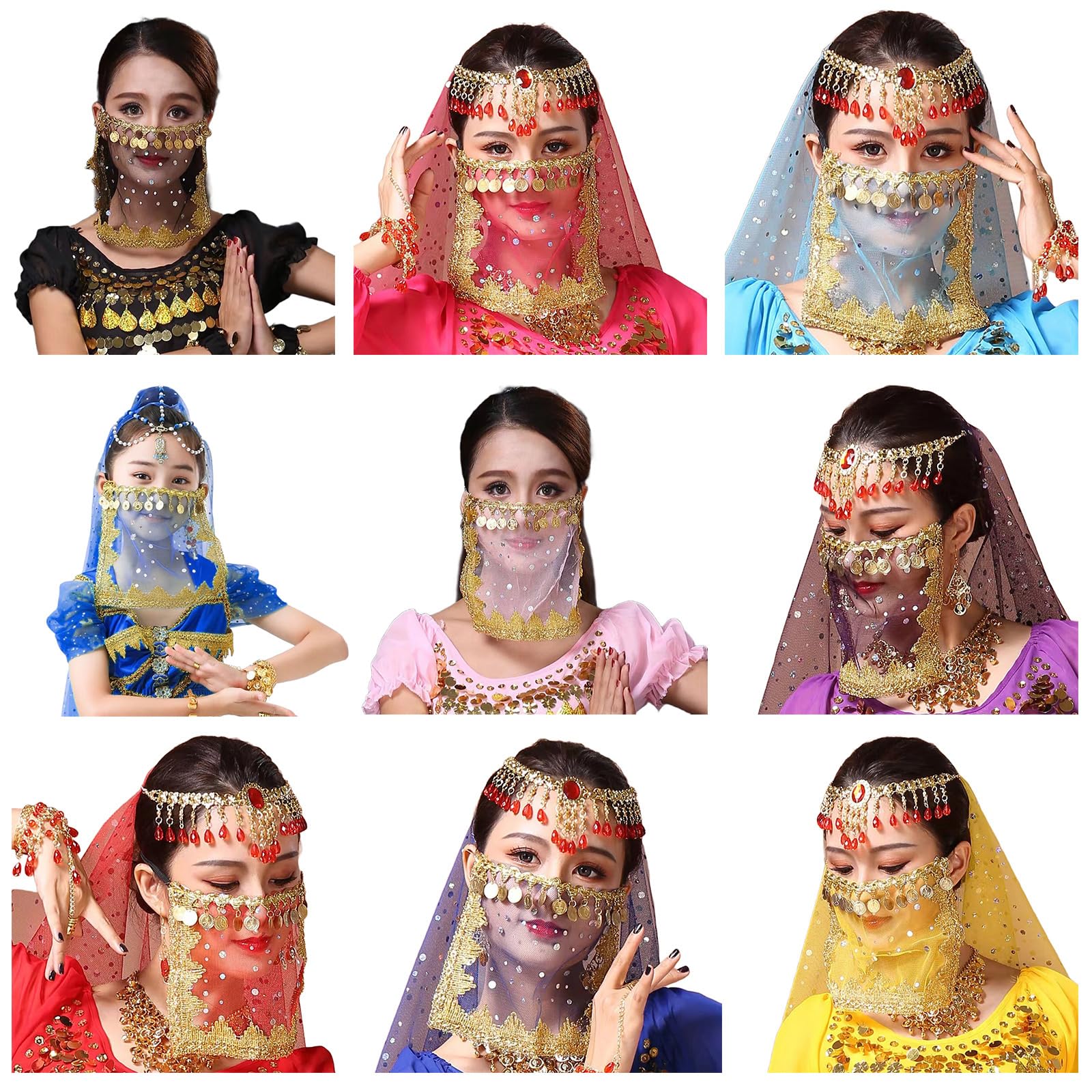 Velo facial de danza del vientre con moneda, velo de Halloween, cosplay, media cara, bufanda de fiesta, baile, tribal, para mujeres y niñas, medio vientre, Halloween, cosplay para mujeres y