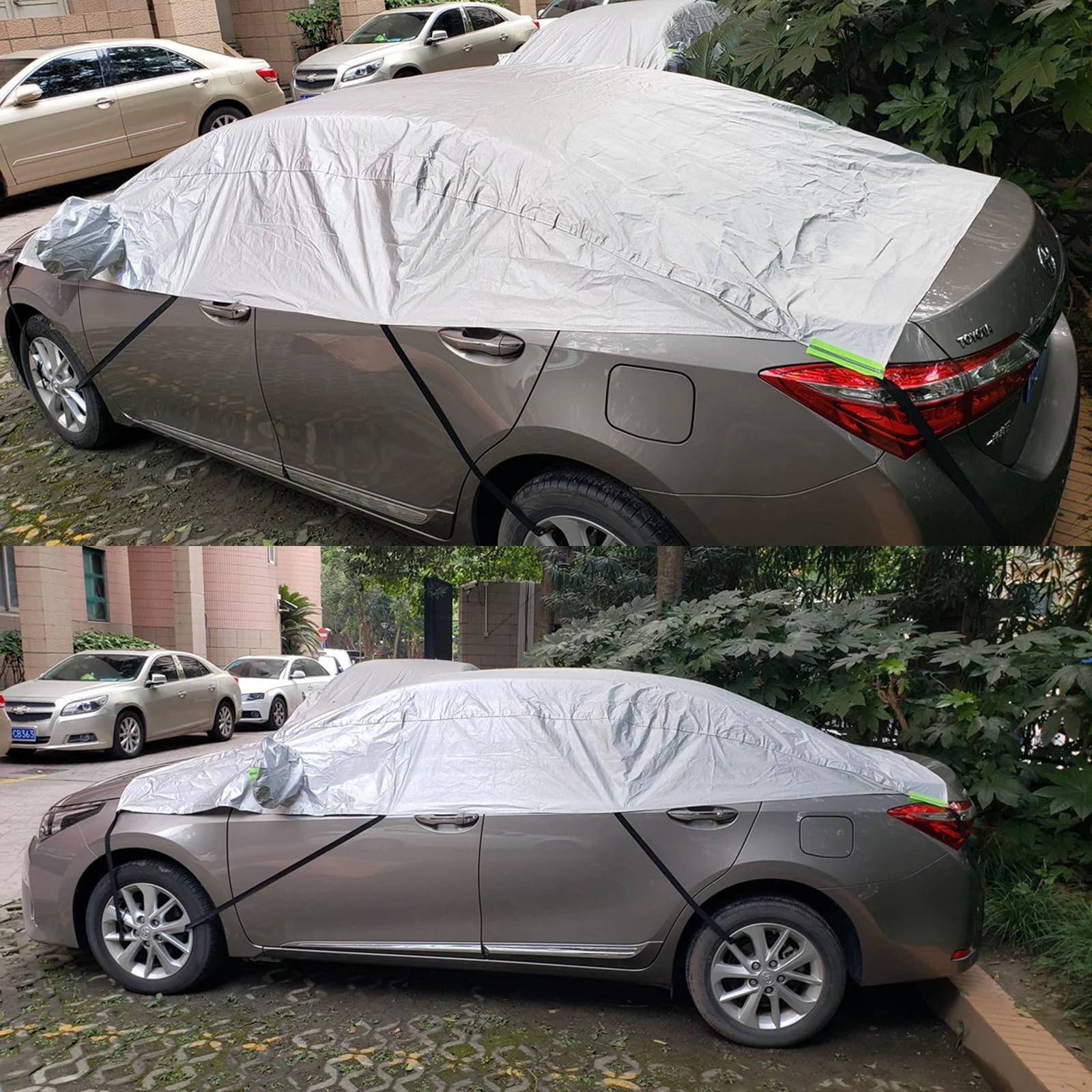 Telo Copriauto Mezza Impermeabile Invernale Esterno, Mezza Copertura Auto Universale, Copertura Parabrezza Auto Resistente ad Acqua Neve Sole Freddo, Adatto alla Maggior Parte dei Veicoli