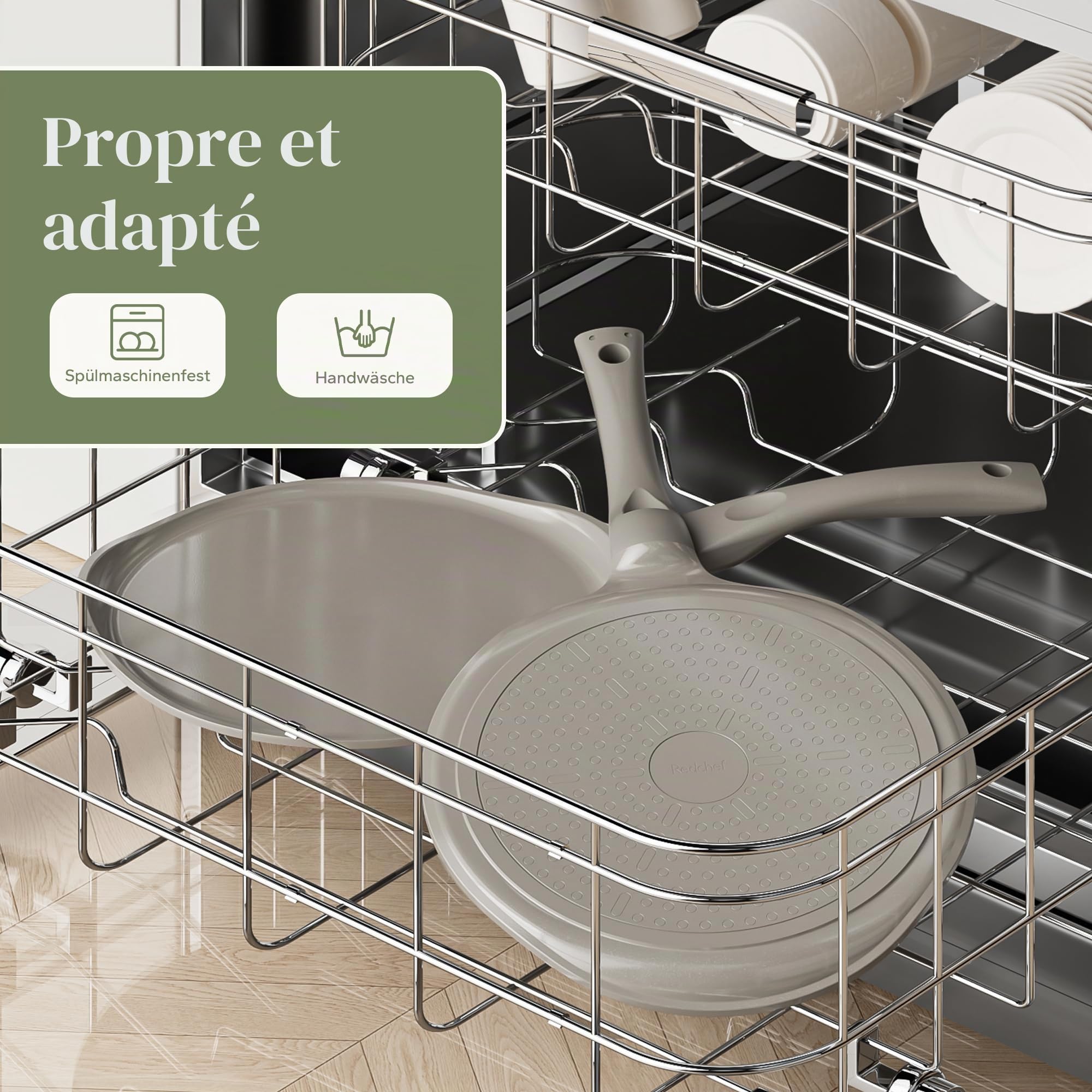 Redchef Poêle à crêpes, 26 cm, en céramique antiadhésive, sans PTFE, sans PFOA, résistante aux rayures, passe au lave-vaisselle, grise