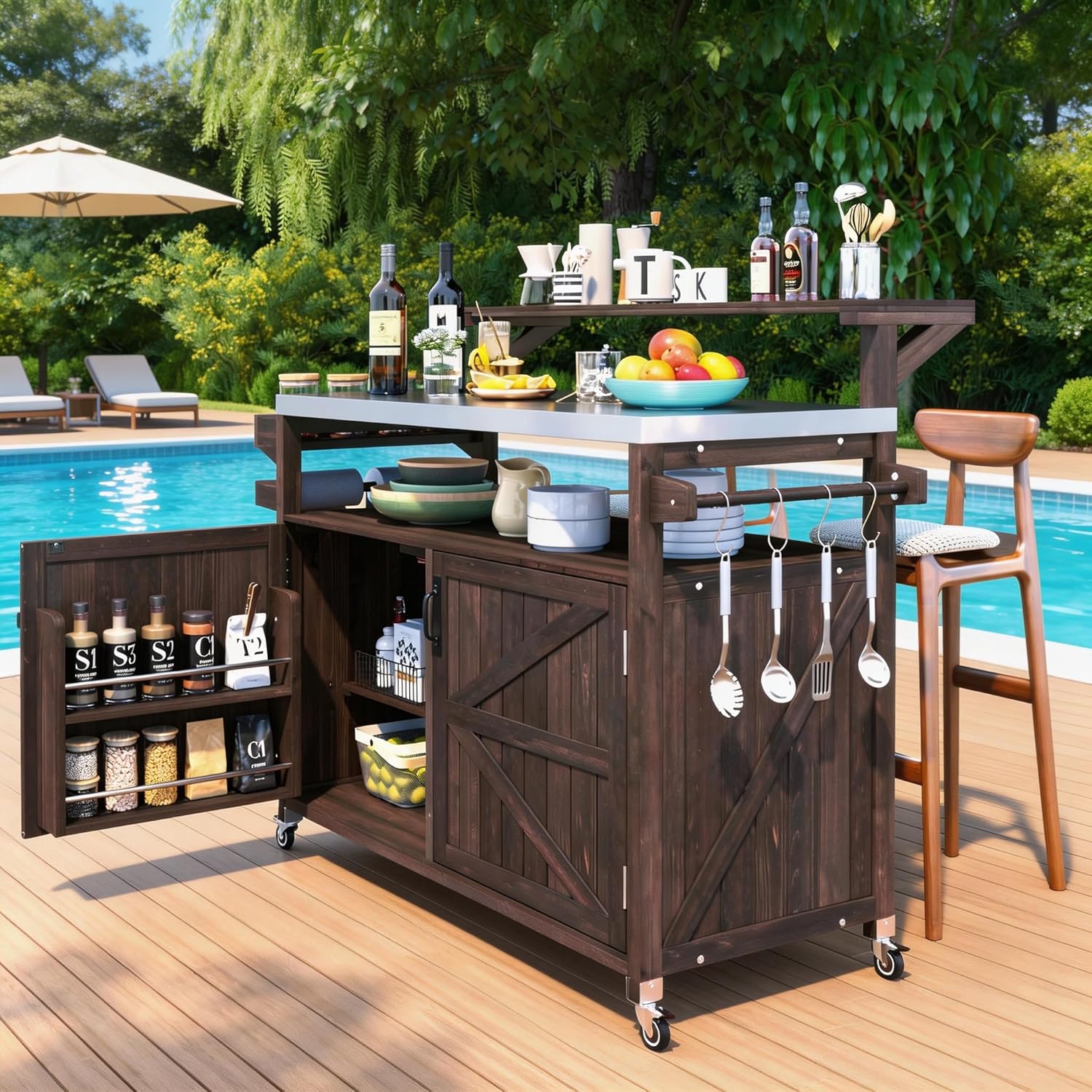 Casaphoria 33.9" Outdoor Kitchen Island BBQ Grill Cart, Stainless Steel Countertop Bar Cart with Folding Table,2 Lockable Wheels, Storage Cabinet, Spice Rack, Paper Towel Holder for Patio Lawn Garden