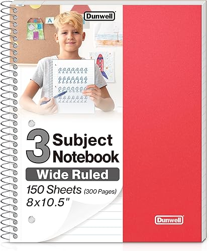 Miniatura 9 de Dunwell Cuaderno de espiral de 3 materias, papel de rayas anchas, cubierta de plástico azul, 150 hojas, cuaderno de espiral de regla ancha de 8 x