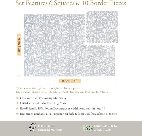 Miniatura 6 de Alfombrillas de juego de espuma prémium para ejercicio y bebé, elegante y grande, no tóxica, 6 azulejos, espaciosas de 6 pies x 4 pies, forro