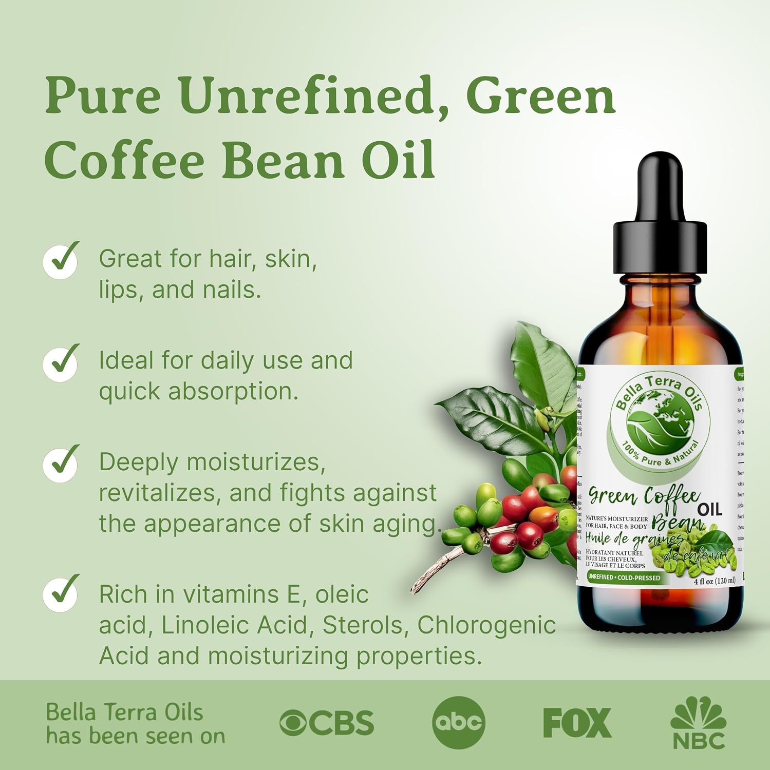 Bella Terra Oils - Green Coffee Bean Oil 8 oz - Celebrating the Aromatic Intensity of Green Oil, Filled with Essential Nutrients for a Refreshed Look