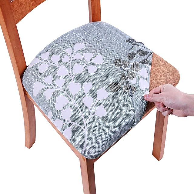 Homaxy Stretch Chair Seat Covers for Dining Room Set of 6, Elastic Dining Chair Seat Protector Cover Removable Washable Chair Slipcovers with Ties, Grey Leaves