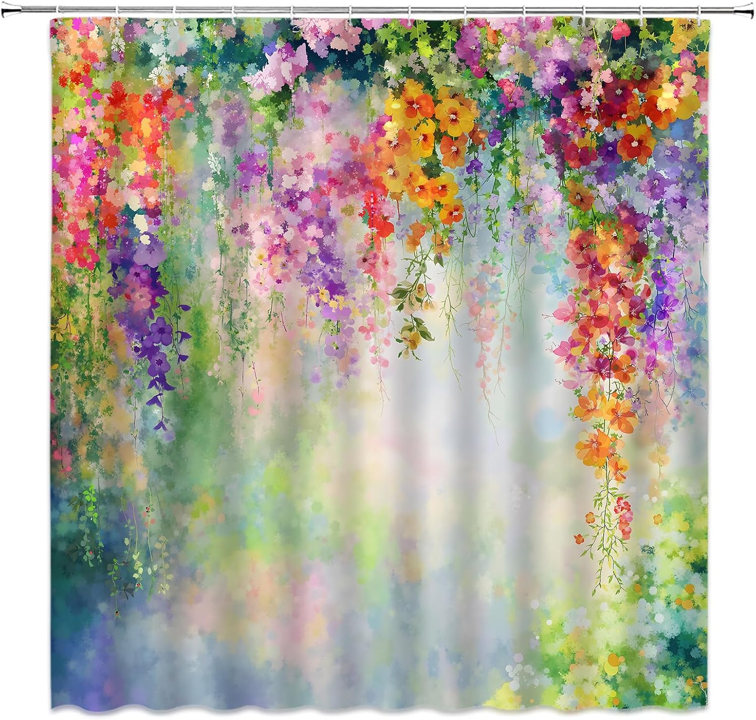 Watercolor Floral Shower Curtain Colorful Wisteria Wildflowers Botanical Vine Weeping Spring Art Fabric for Bathroom Decor Bathtub with Hooks (70" WX70 H)