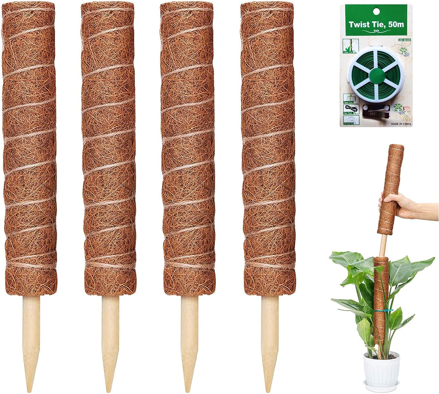 NuaiYrod Moss Pole - 47.6 Inch Coir Pole - 4 Monstera Stake - with 164 Ft Plant Twist Tie - Train Variegated Monstera Plant Climbing Upwards