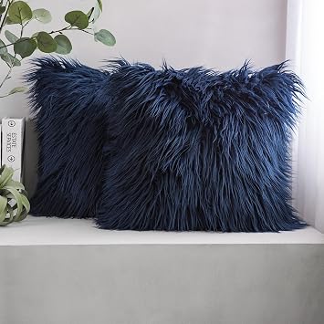 Phantoscope Pack of 2 Faux Fur Solid Throw Decorative Pillow Cover Cushion Covers Luxury Soft Decorative Pillowcase Fuzzy Pillow Covers for Bed/Couch,Navy Blue 18 x 18 Inches