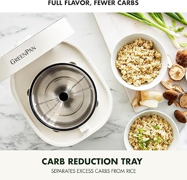 GreenPan Carb Reducing Electric Rice Cooker, 4 Cups Uncooked/8 Cooked Rice, 10 Presets, LED Display, Healthier Meals, Delay Timer, PFAS-Free Ceramic Nonstick Removable Bowl, Cool Touch, Steam, Cream