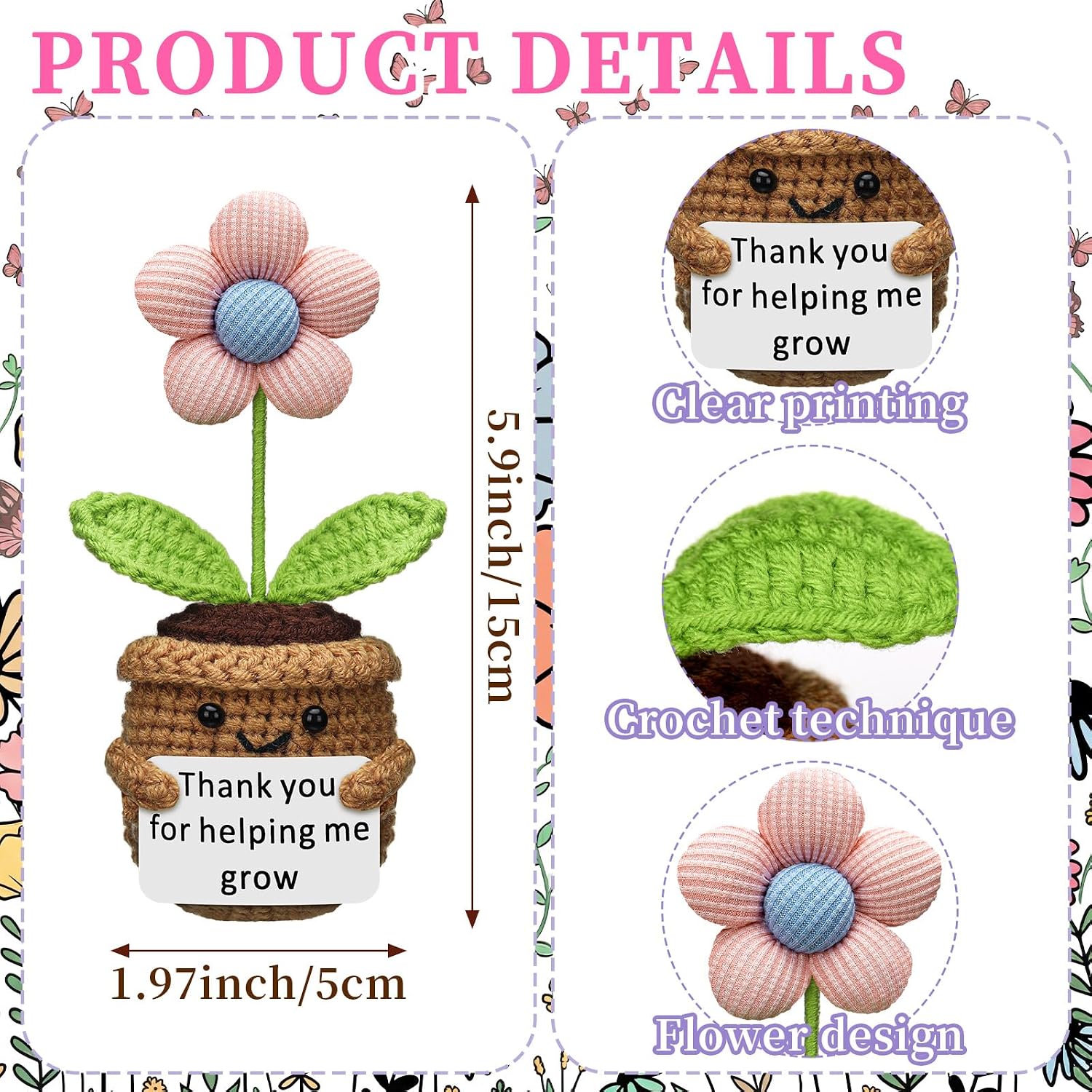 Wavwavw 4 Pcs Back to School Gift Set for Teacher, Thank You for Helping Me Grow Positive Handmade Flower Crochet Doll with Flower Sticky Notes 3x3 in and Makeup Bag for Teacher Gift