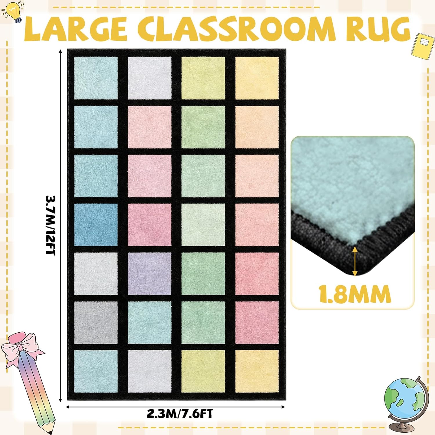 7.6x12 ft Large Pastel Color Squares Classroom Rug Colorful Educational Area Mat Happy Squares Rainbow Color Themed Play Carpet Back to School Learning Mat for Preschool Nursery Kindergarten(Pastel)