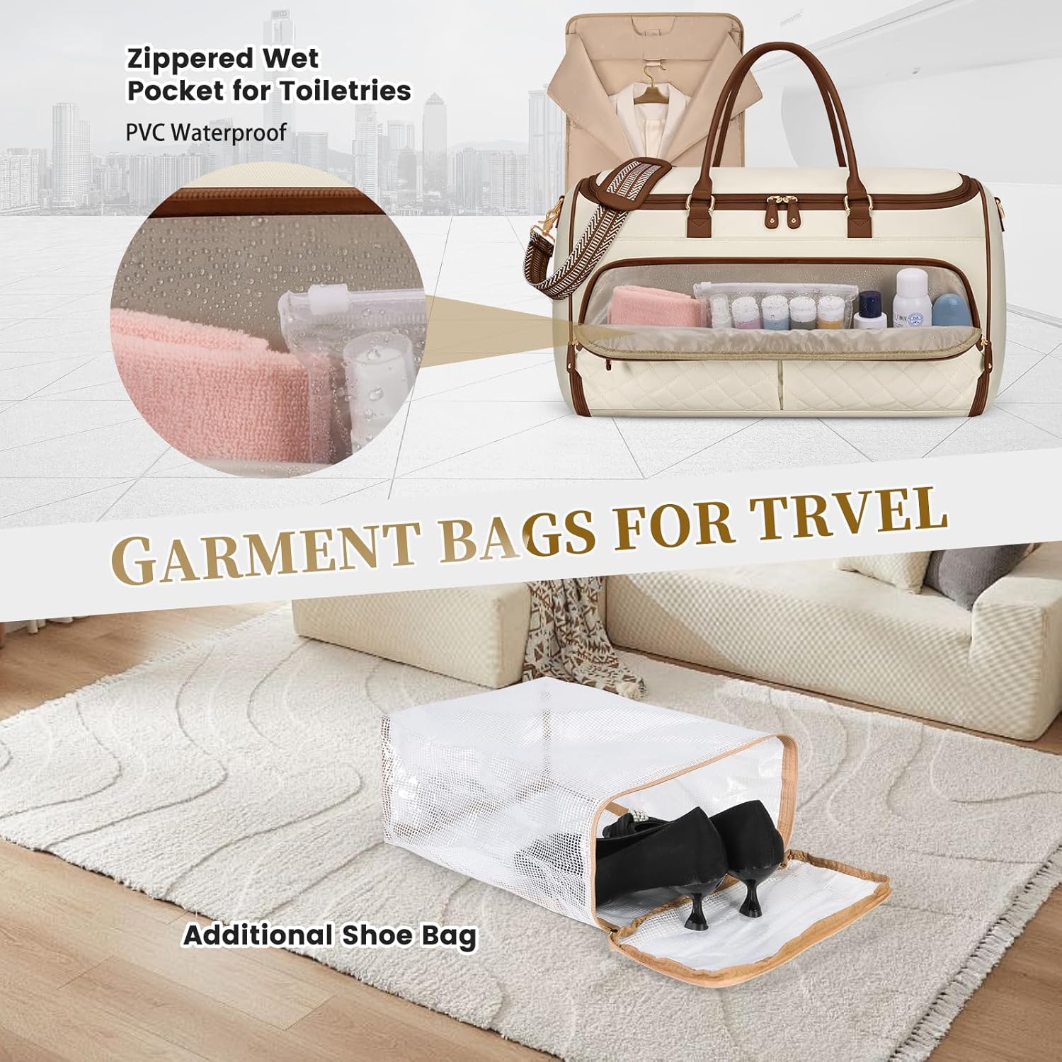 RAINSMORE Garment Bags for Travel Women Convertible Garment Duffle Bag for Hanging Clothes, Large Carry On Garment Bag with Shoe Bag & Wet Pocket, Foldable Dress Suit Business Travel Weekender Bags