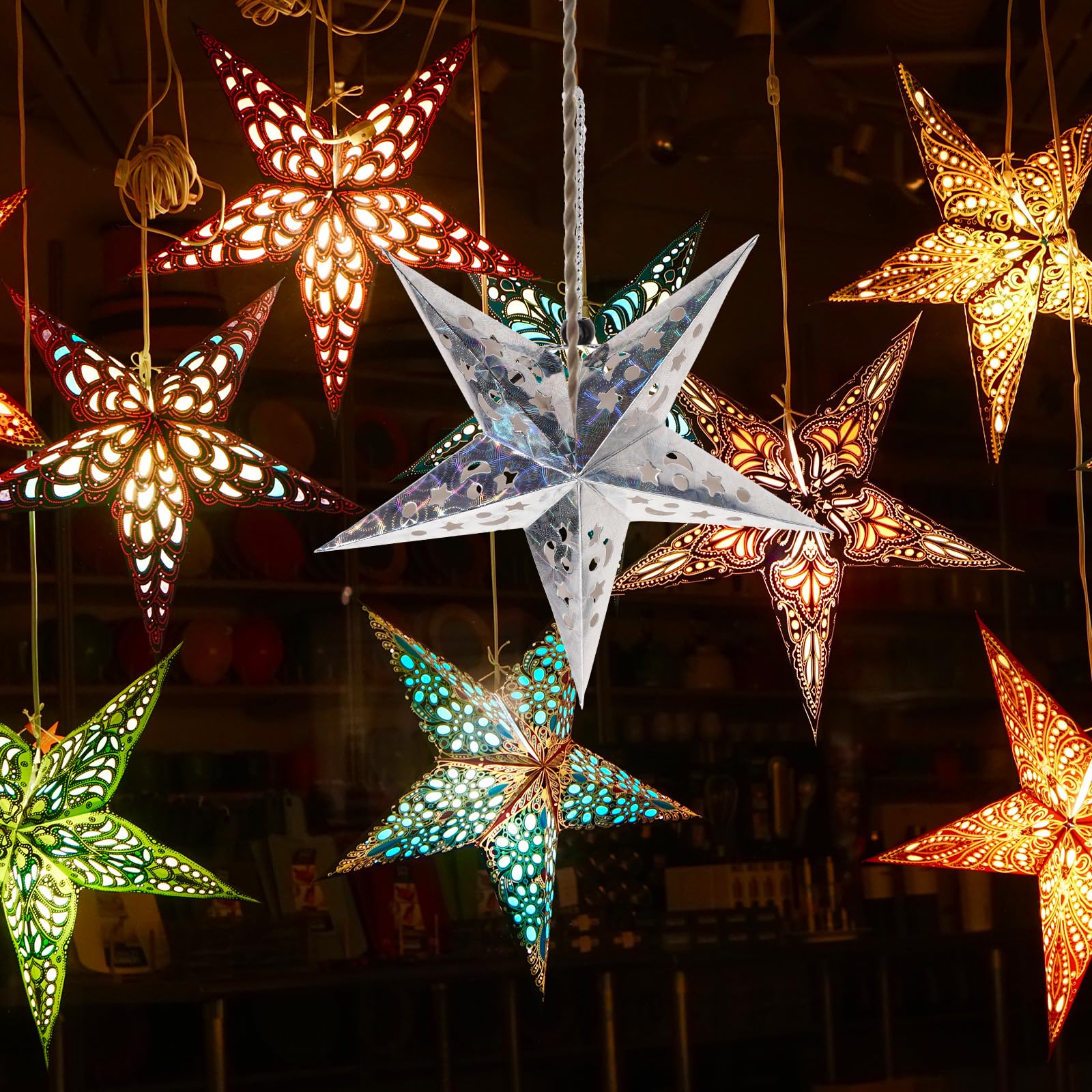 SOLUSTRE 5 Stücke Papierstern Lampe 30cm Silber Papier Weihnachtssterne mit Beleuchtung 3D Leuchtstern Fensterdeko Stern Weihnachten Beleuchtet Christbaumspitze für Neujahr Silvester Party Deko