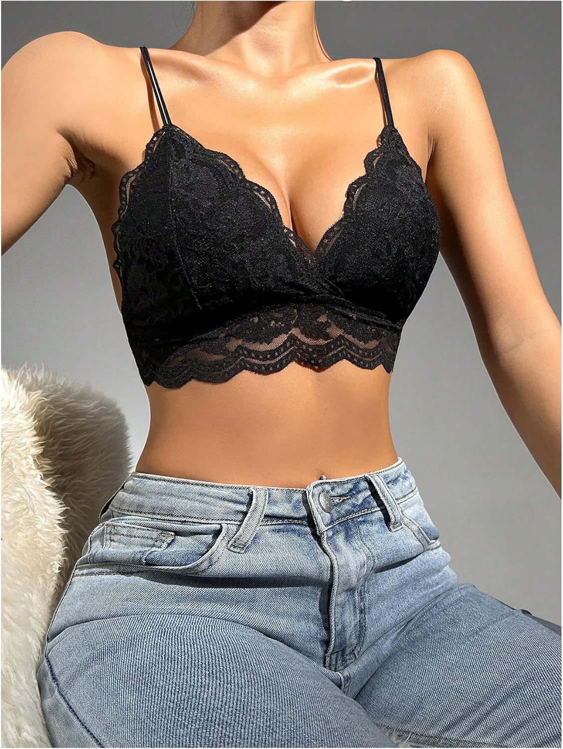 MakeMeChic Women's Floral Lace Bra Spaghetti Strap Scallop Trim Wireless Lingerie Bralette - Image 2