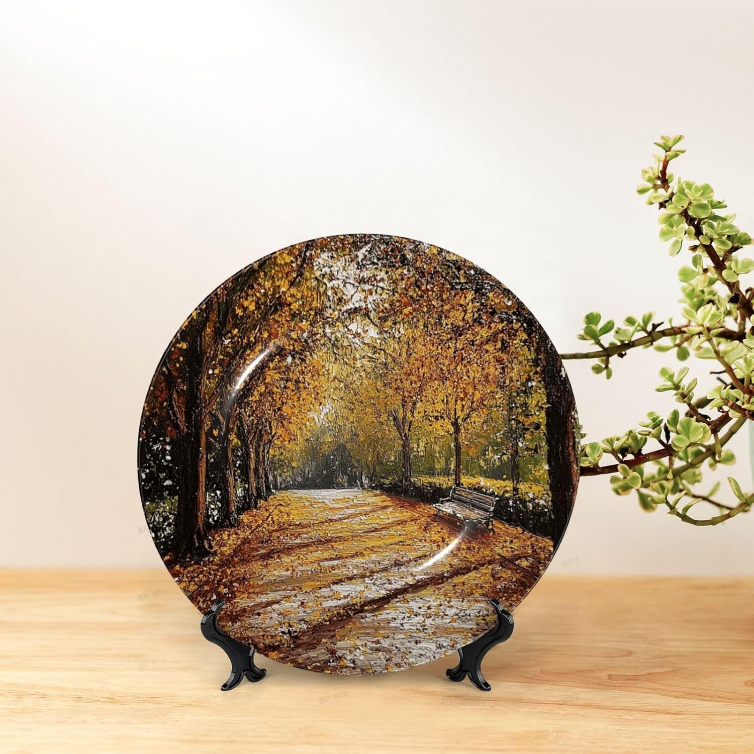 Decorative Plate 10in Dessert Plate Ornament Ceramic Plates with Display Autumn Park Bone China Decorative Plat Stand Hanging Porcelain Plate for Home Wall Decor
