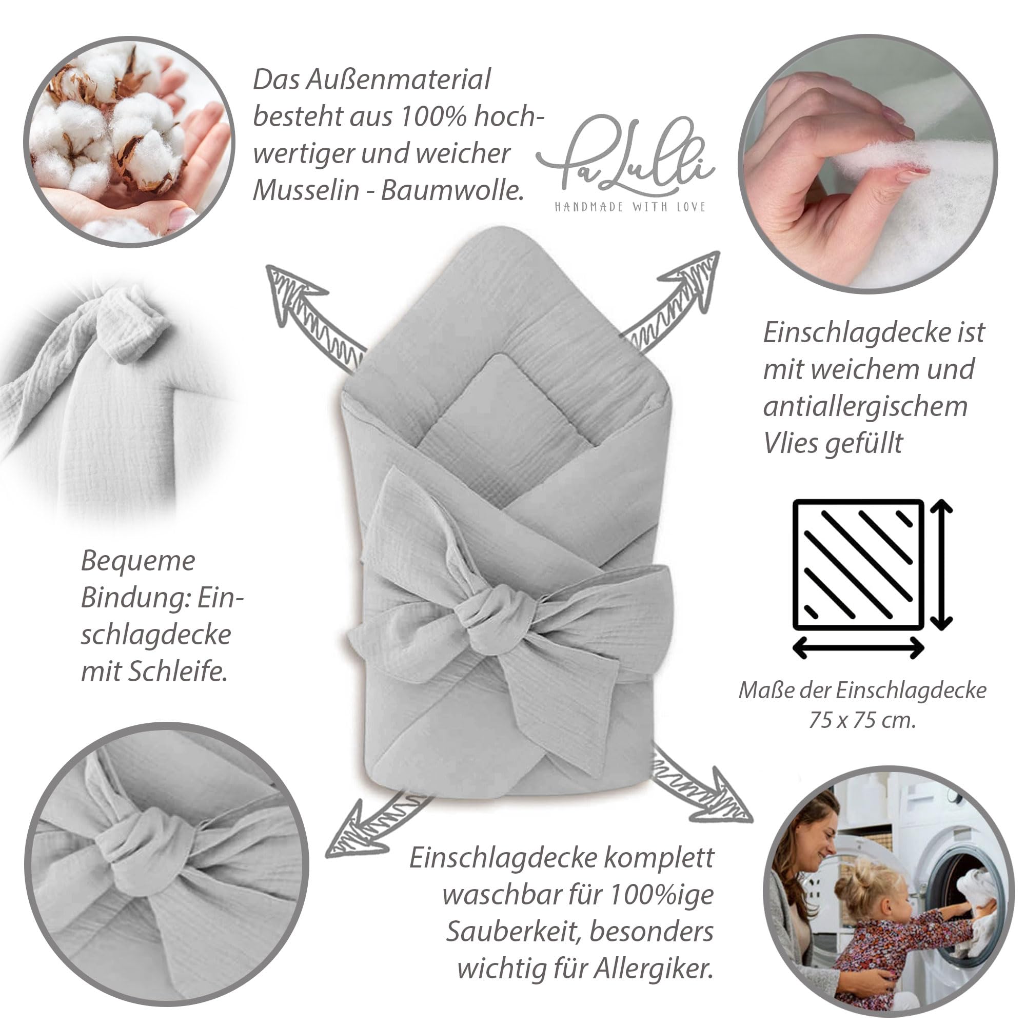 PALULLI® Zestaw 2 w 1 gniazdo dla niemowląt i kocyk do owijania, 100% muślin, zestaw ochraniaczy dla niemowląt, gniazdo dla niemowląt - pierwsze wyposażenie, gniazdo dla noworodka, gniazdo dla