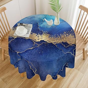 Marble Round Tablecloth, Abstract Blue Marble Background Polyester Table Cloth, Great for Outdoor Home Kitchen/Parties/Holiday Dinner, 50 Inch