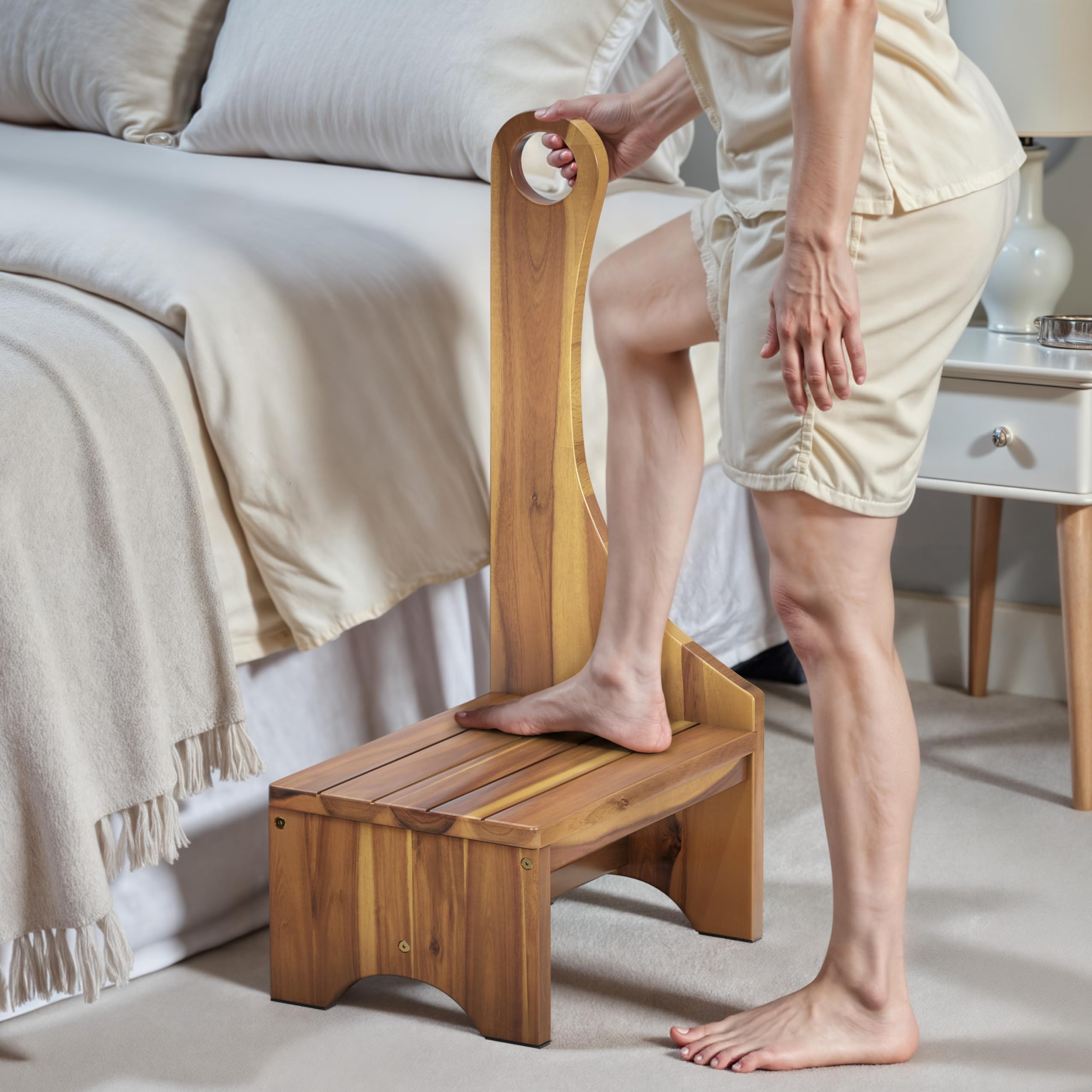 FANATU Wooden Step Stool with Tall Handle for Adult, Elderly and