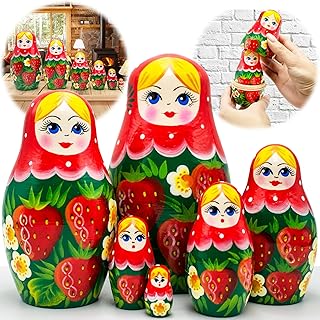 AEVVV Russian Nesting Dolls Wooden Set of 6 pcs - Traditional Russian Matryoshka Strawberry Themed Gifts - Birthday Gift Matryoshka Doll with Strawberries