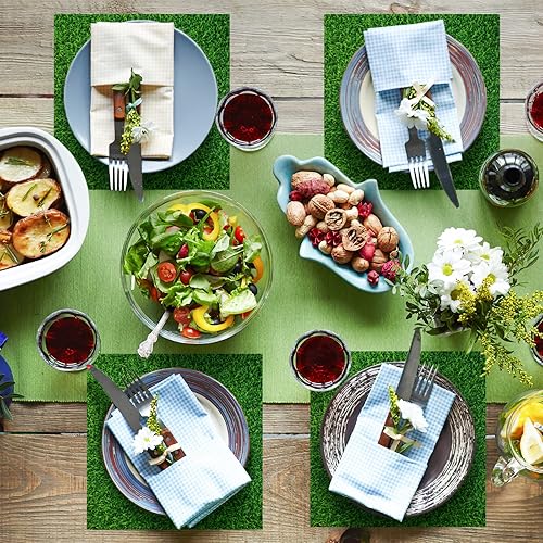 Miniatura 5 de 50 manteles individuales desechables de hierba falsa cuadrados manteles individuales de papel con estampado de hierba verde para mesa granja jardín