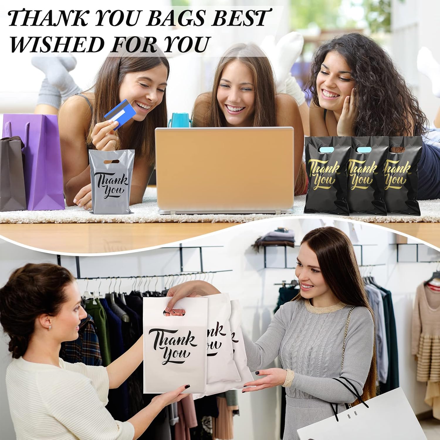 Jeyiour 300 Pcs Thank You Merchandise Bags 3 Size Shopping Bags for Business with Handles Thank You Gift Plastic Boutique Goodie Sacks for Wedding Stores Packaging(Black, Gray, White) - Image 6
