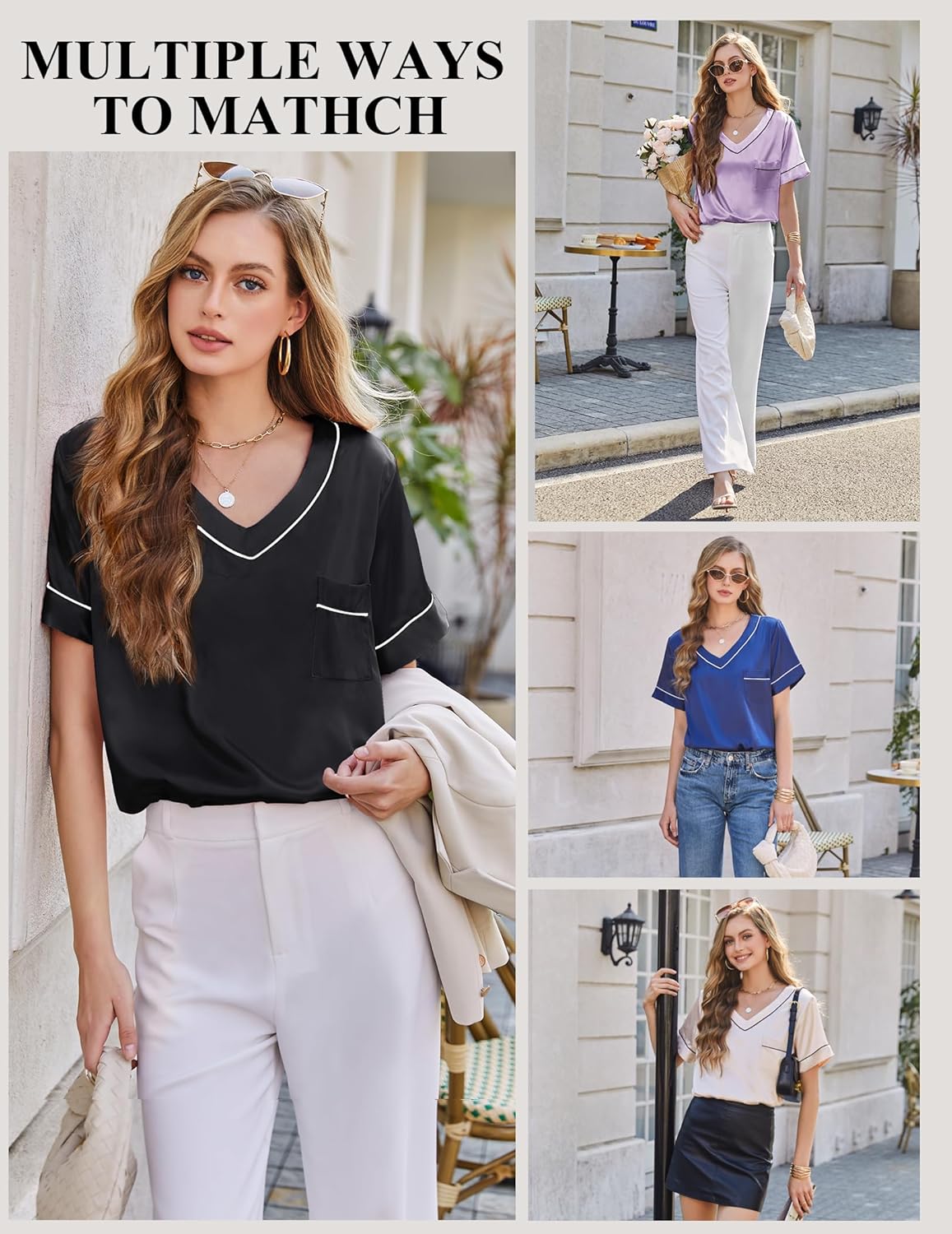 Silk Pajamas for Women Short Sleeve Satin 2 Piece Pj Set Soft V Neck Sleepwear Loungewear, S-XXL - Image 4