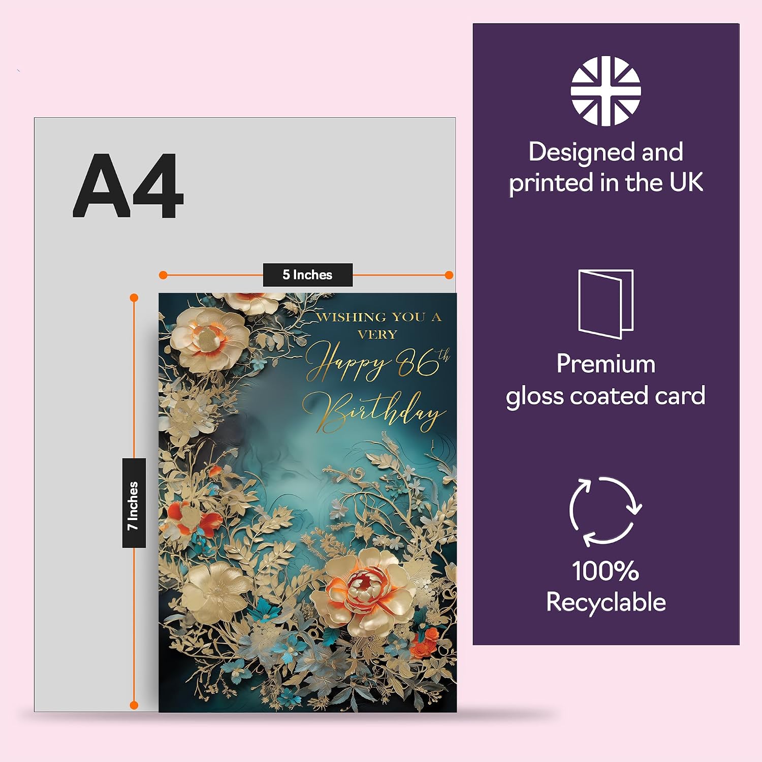 Beautiful Gold 86th Birthday Cards for Women Men - Wonderful Golden Flowers - Elegant Traditional Pretty Birthday Card for 86 Year Old Woman Man Her Him, 5x7 Inch Gorgeous Greeting Cards Gift